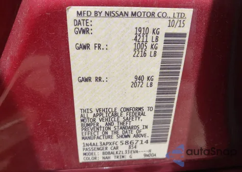 2015 Nissan Altima 2.5/S/Sv/Sl from USA, damaged, VIN 1N4AL3APXFC586714